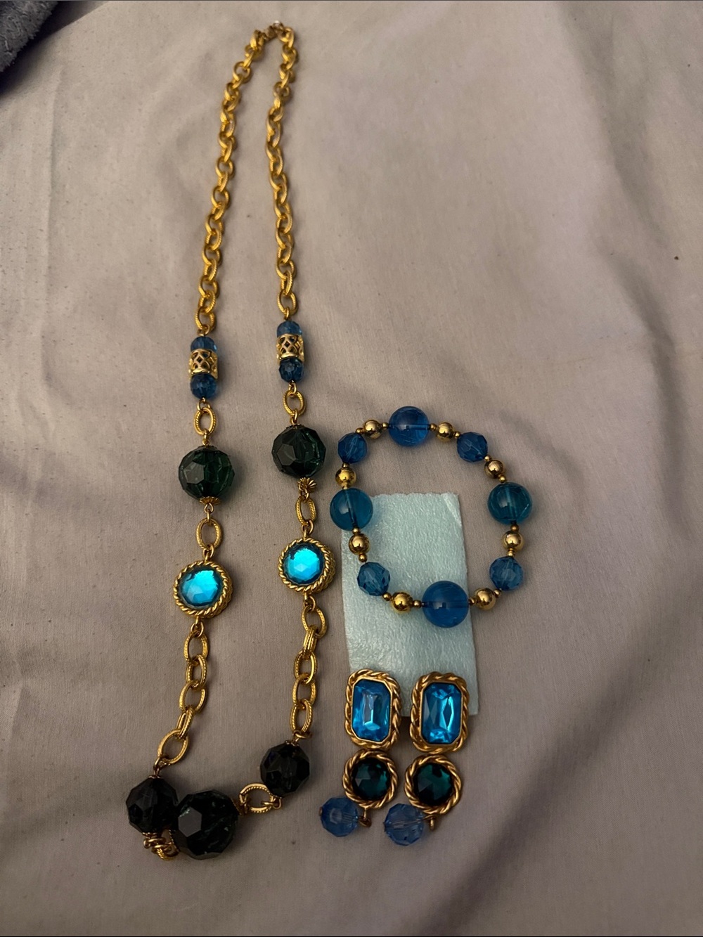 Gold-Tone Blue & Green Beaded Necklace Set with Bracelet and Earrings